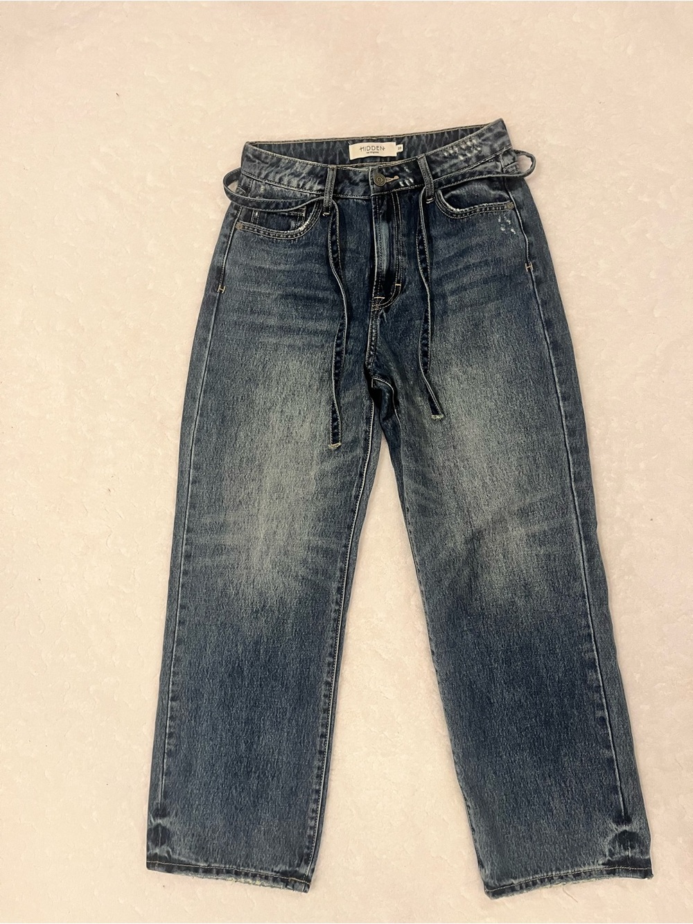 Hidden Los Angeles Vintage-Inspired Dark Blue Relaxed Jeans with Tie Waist